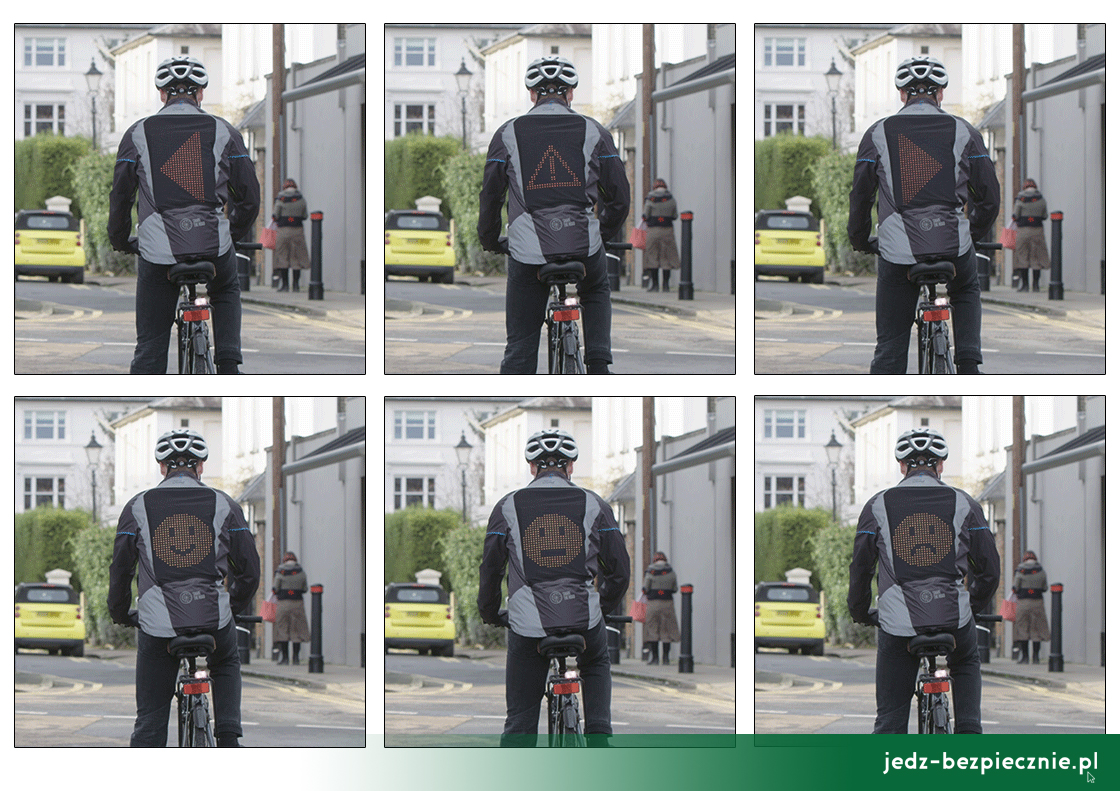 Porozmawiajmy o bezpieczeństwie - Zestaw znaków na wyświetlaczu LED kurtki Forda dla rowerzysty